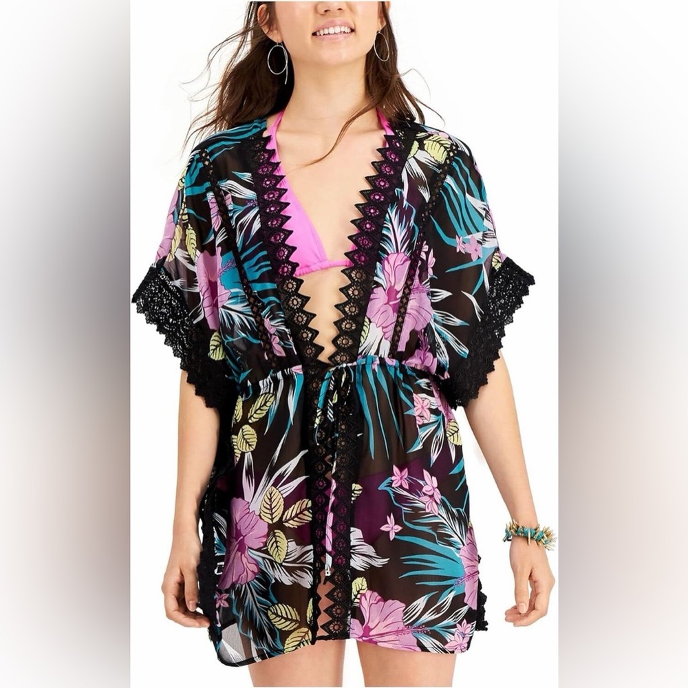 Miken Black Floral Lace-Inset Tie-Front Kimono Swimsuit Cover Up. Size small